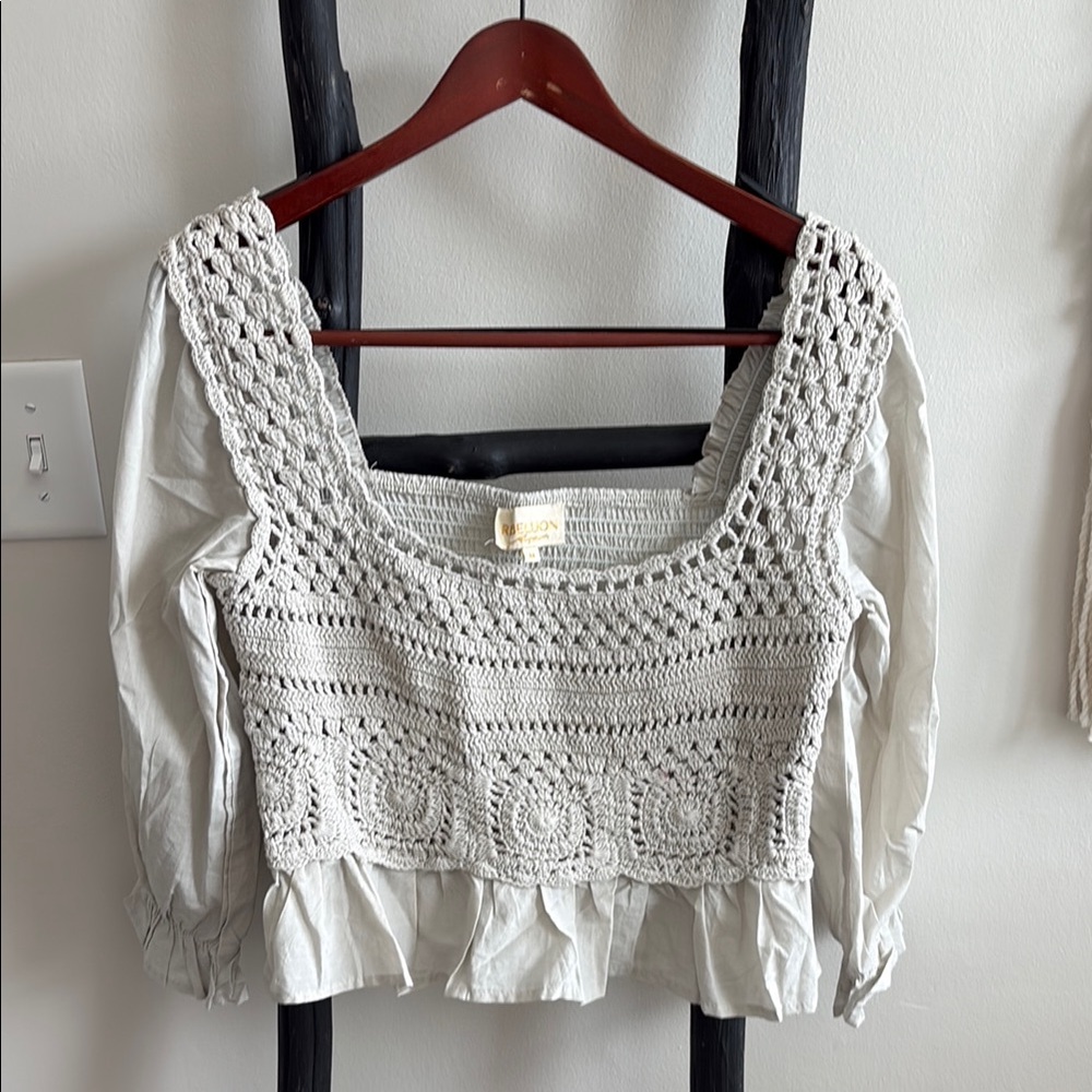 Rebellion Crochet-Detail Square Neck Women’s Light Gray Top. Sz M